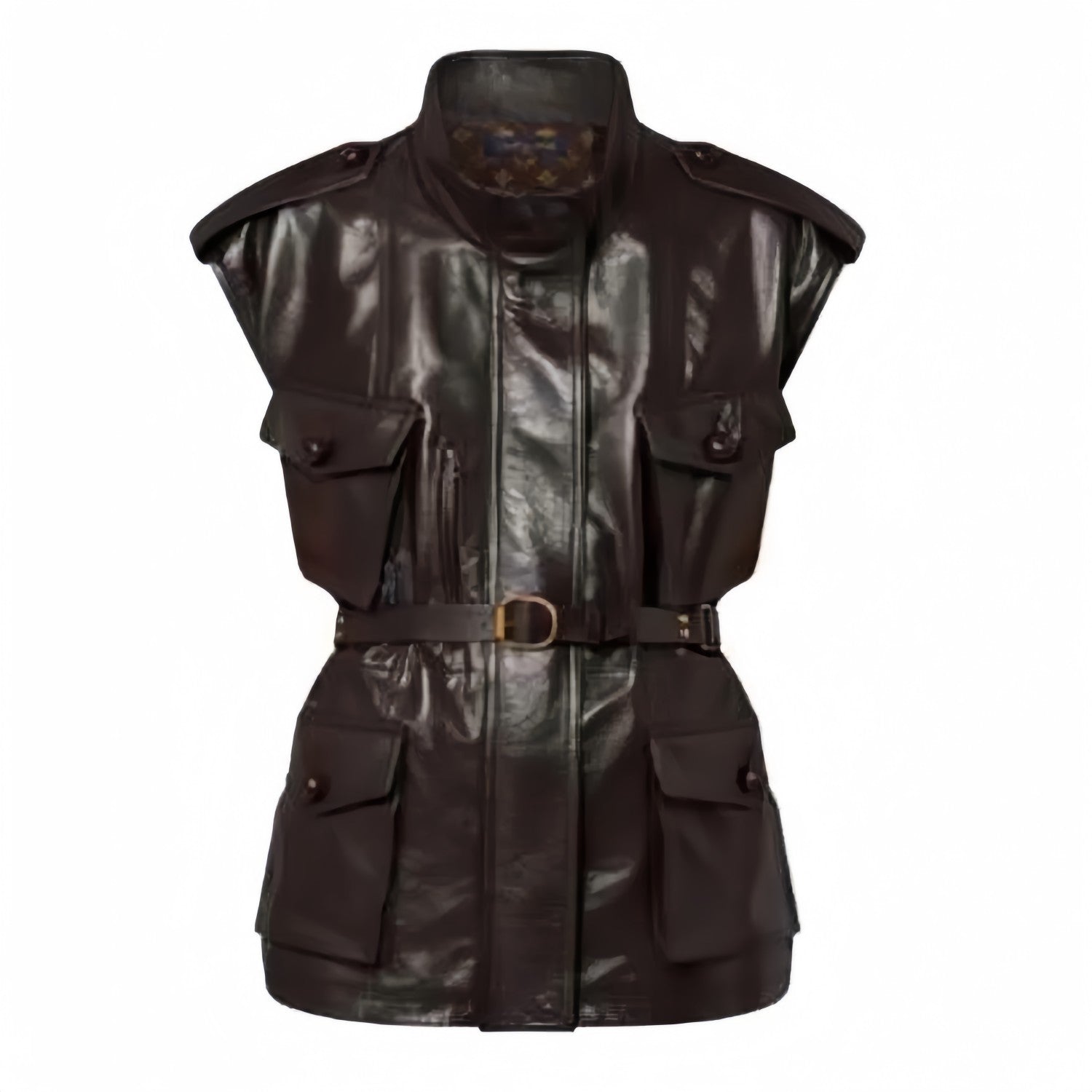 Women's Spring And Autumn Dark Curry Casual Loose Sleeveless Sheepskin Jacket Belt Lapel Vest Jacket Ngvp #8188