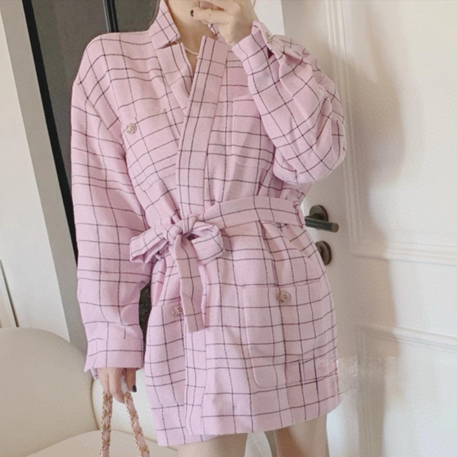 Women's Spring And Autumn Pink Plaid Flip Collar Single Breasted Thick Tweed Waist Wrapped Long Jacket Dress Ngvp #8527