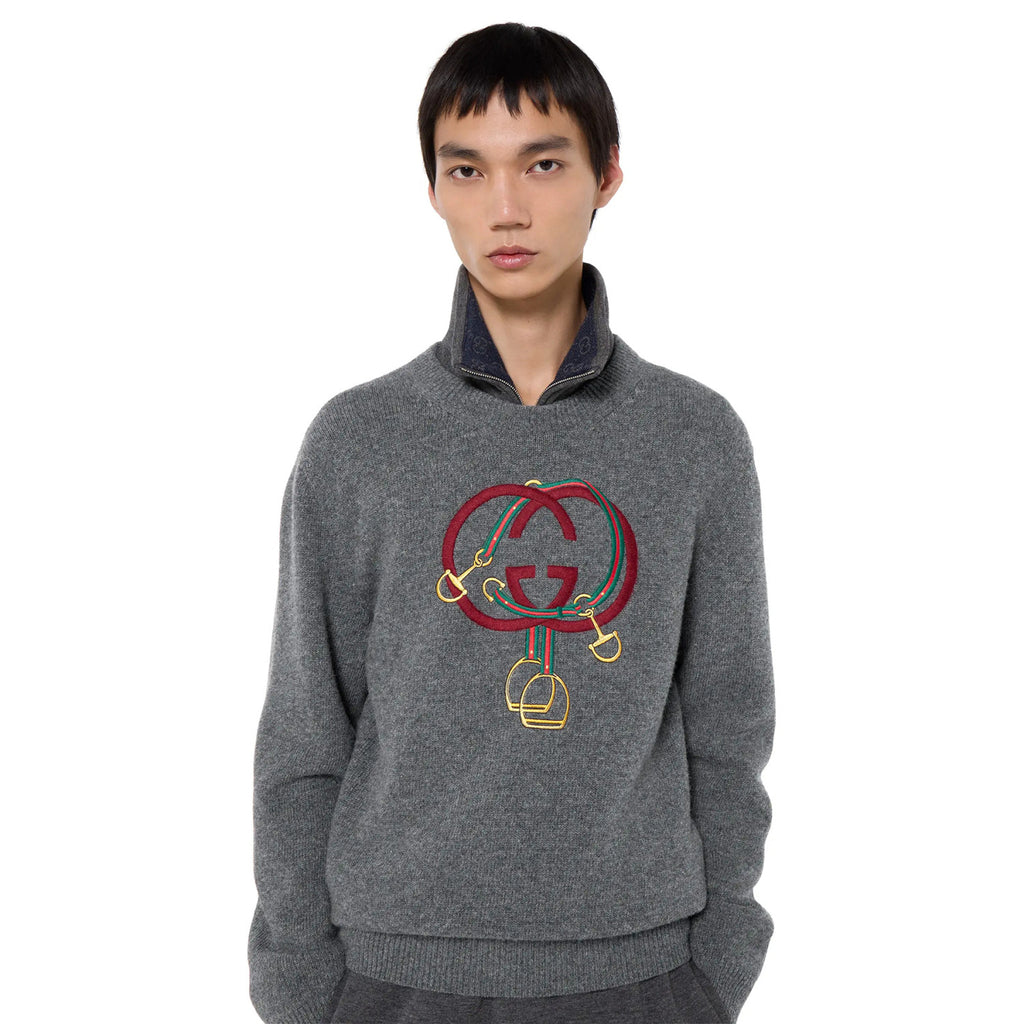 Men's Fall/Winter Chinese New Year Collection Embroidered Knit Wool Sweater Equestrian Style Fashion Trendy Pullover Gray Knit Sweater #194063