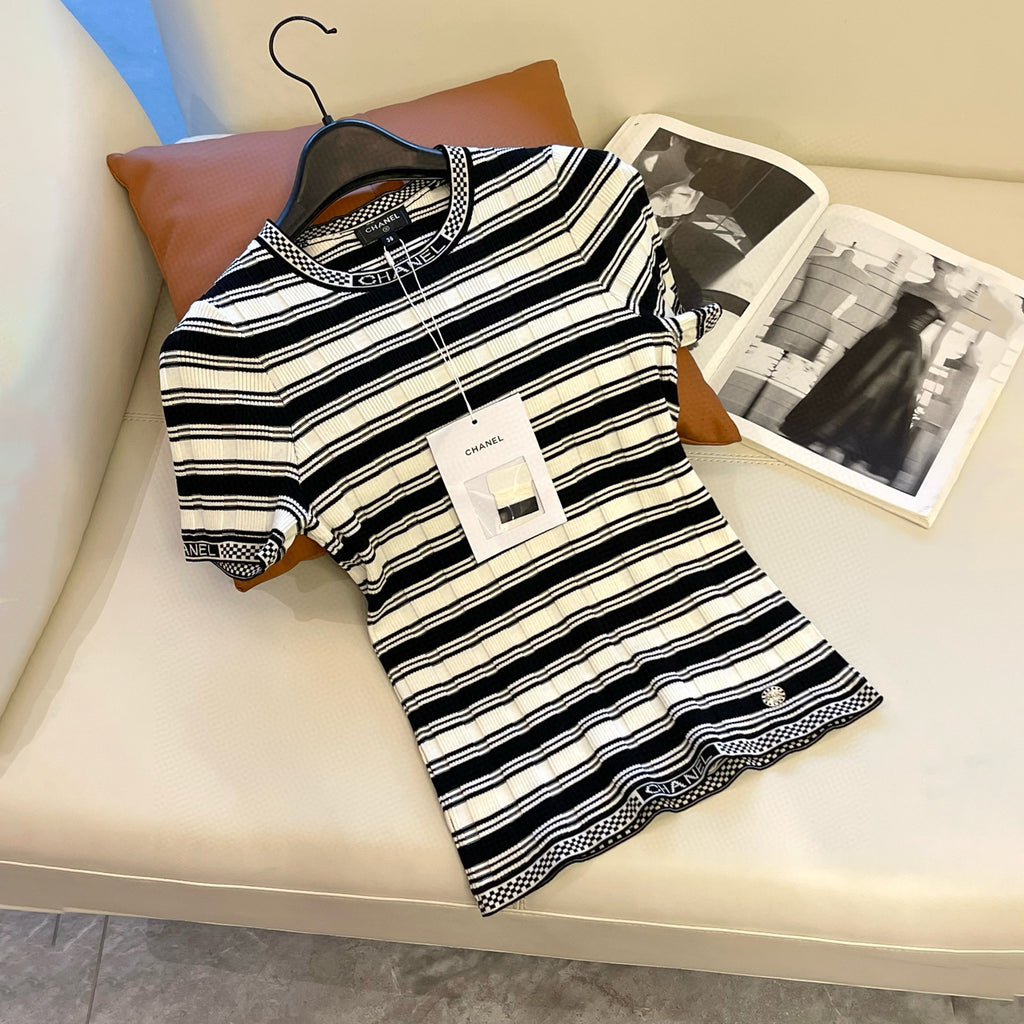 Women's Summer Black and White Striped Crew Neck Knit Short Sleeve Sweater Top #75878