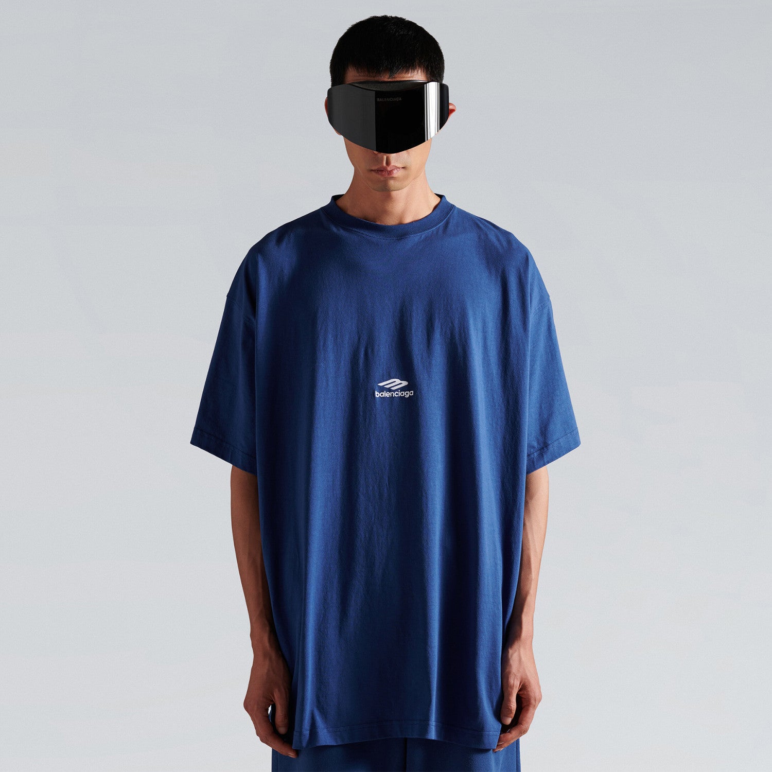 3B Sports Icon Light Sea Blue and White Plain Knit Oversized T-Shirt Black Fashion High-Street Trend Crew Neck Short-Sleeve T-Shirt #193401