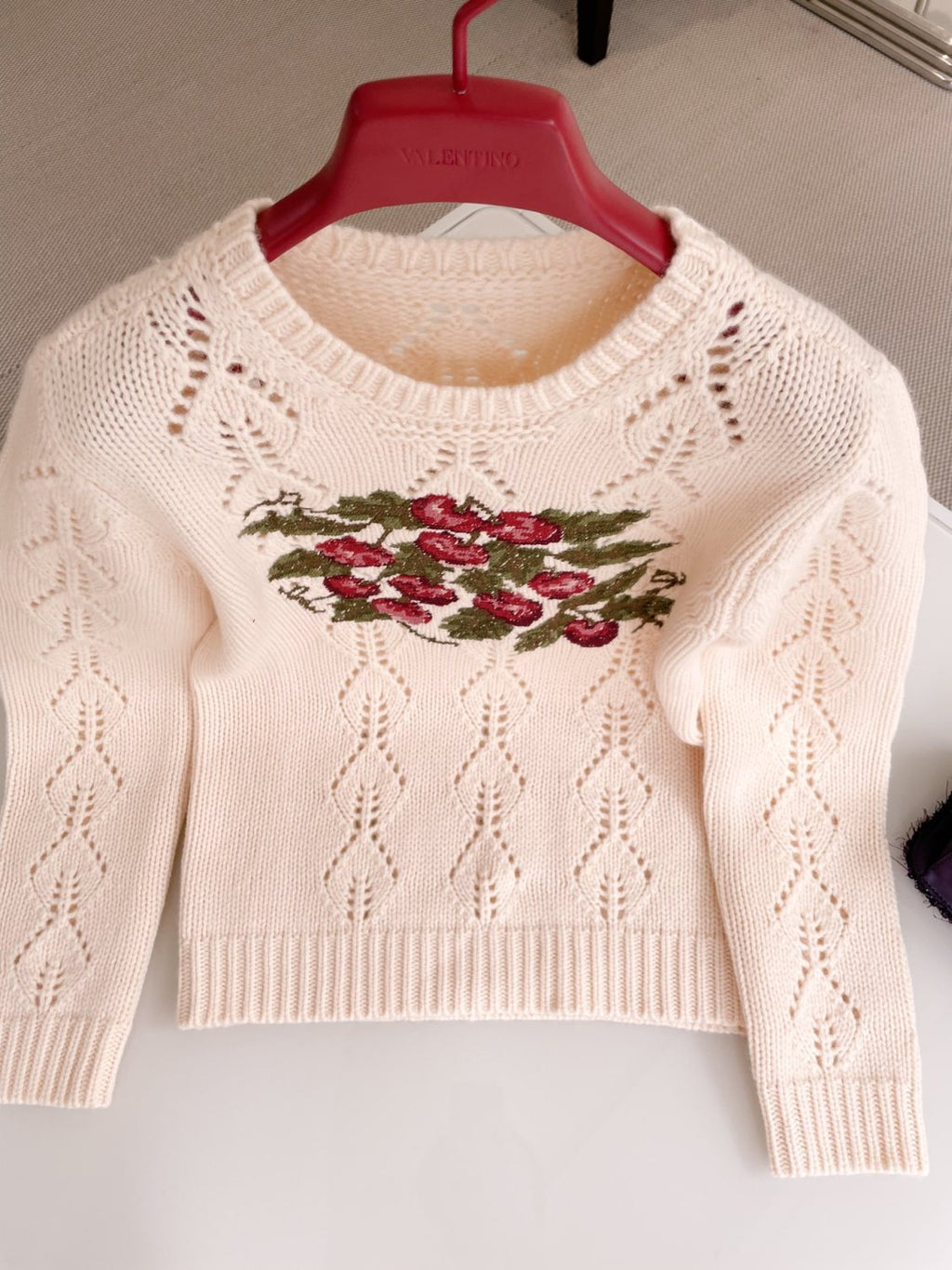 Women's Spring. Autumn And Winter Cherry Embroidery Round Neck Solid Color Fitted Long Sleeve Hollow Knit Wool Sweater Ngvp #9725