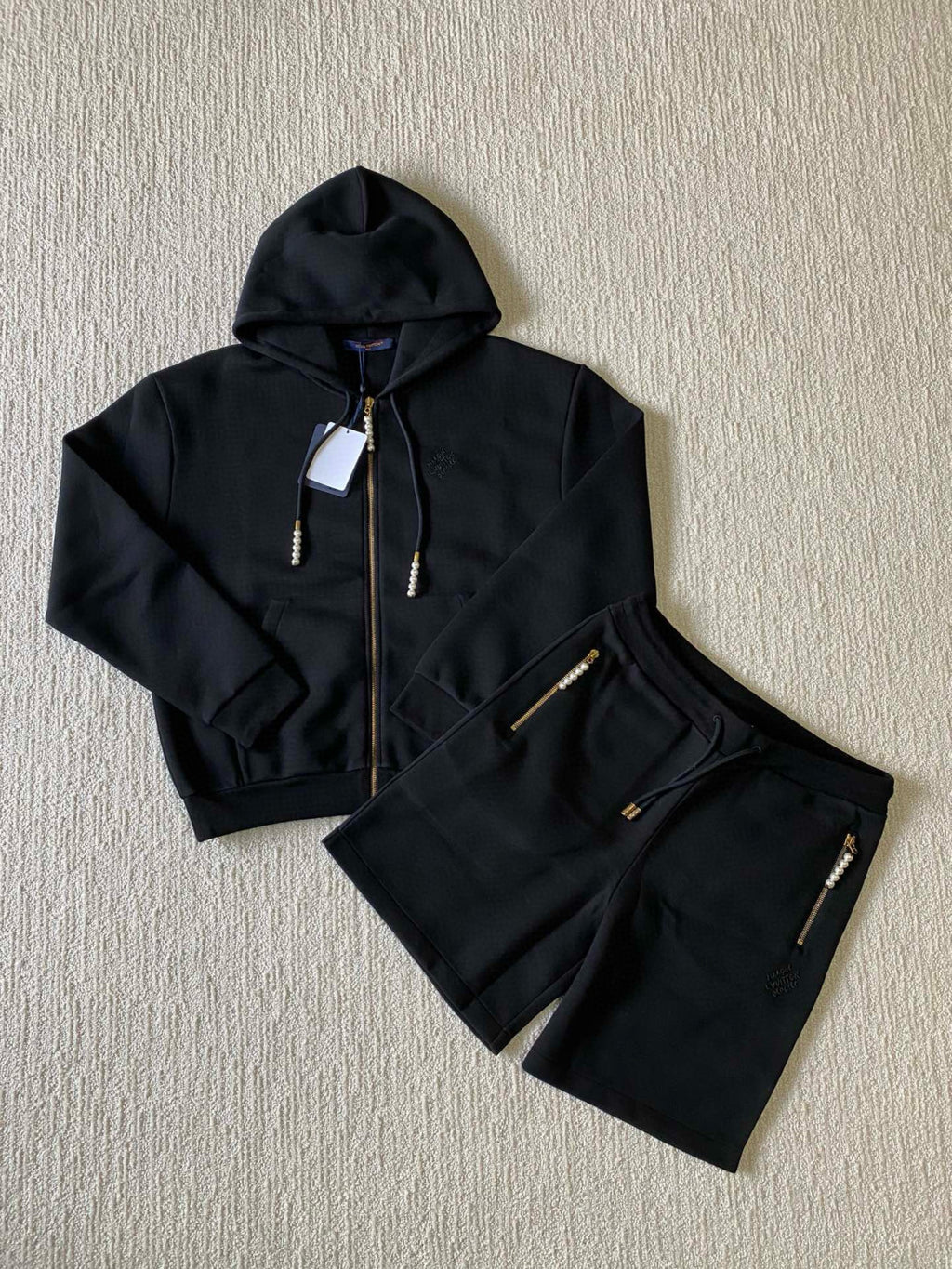 Men's Spring and Fall Pearl Pendant Black Embroidery Knit Zipper Hooded Jacket #98798