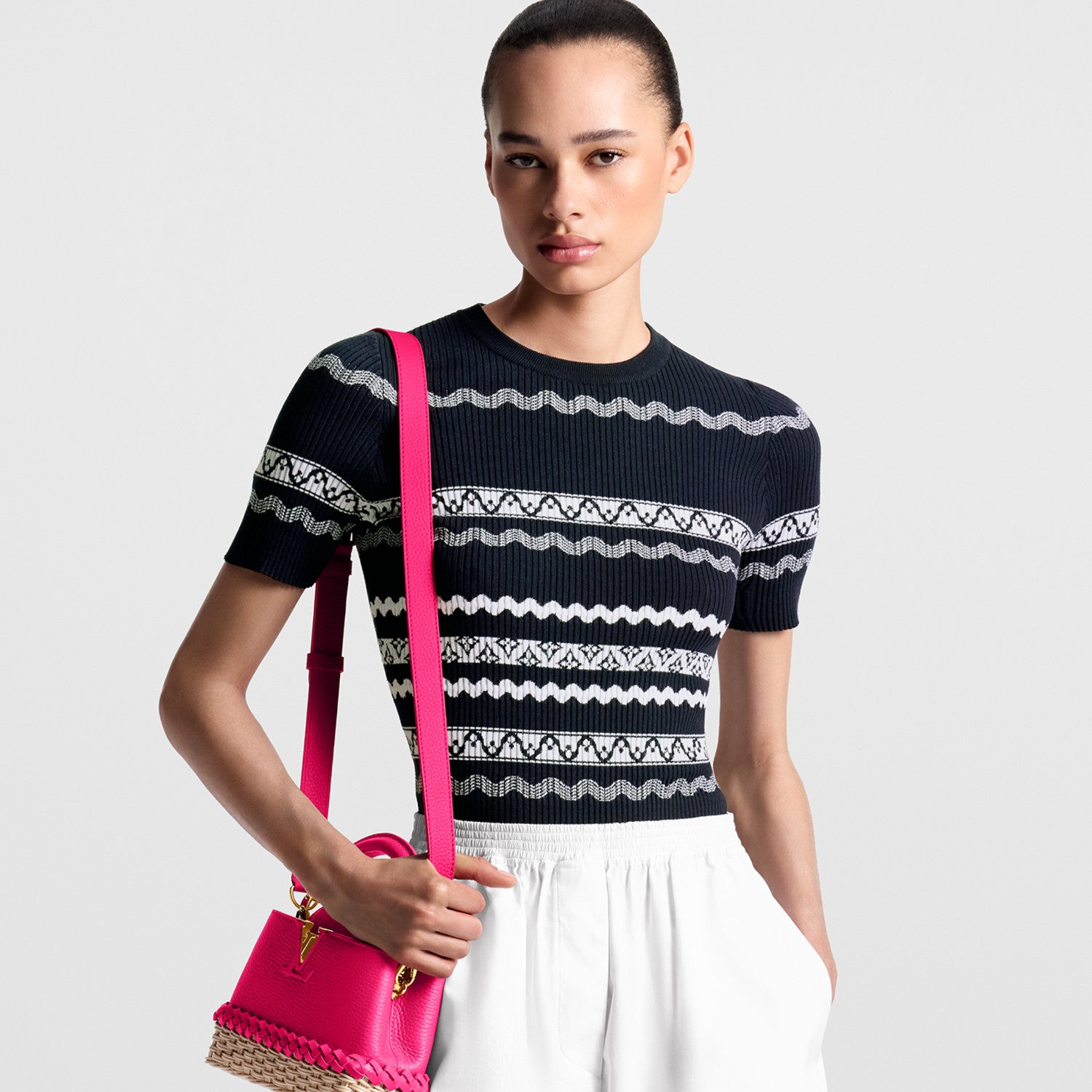 Women's Summer Solid Color Scalloped Stripe Crew Neck Pullover Fitted Knit Sweater #71474