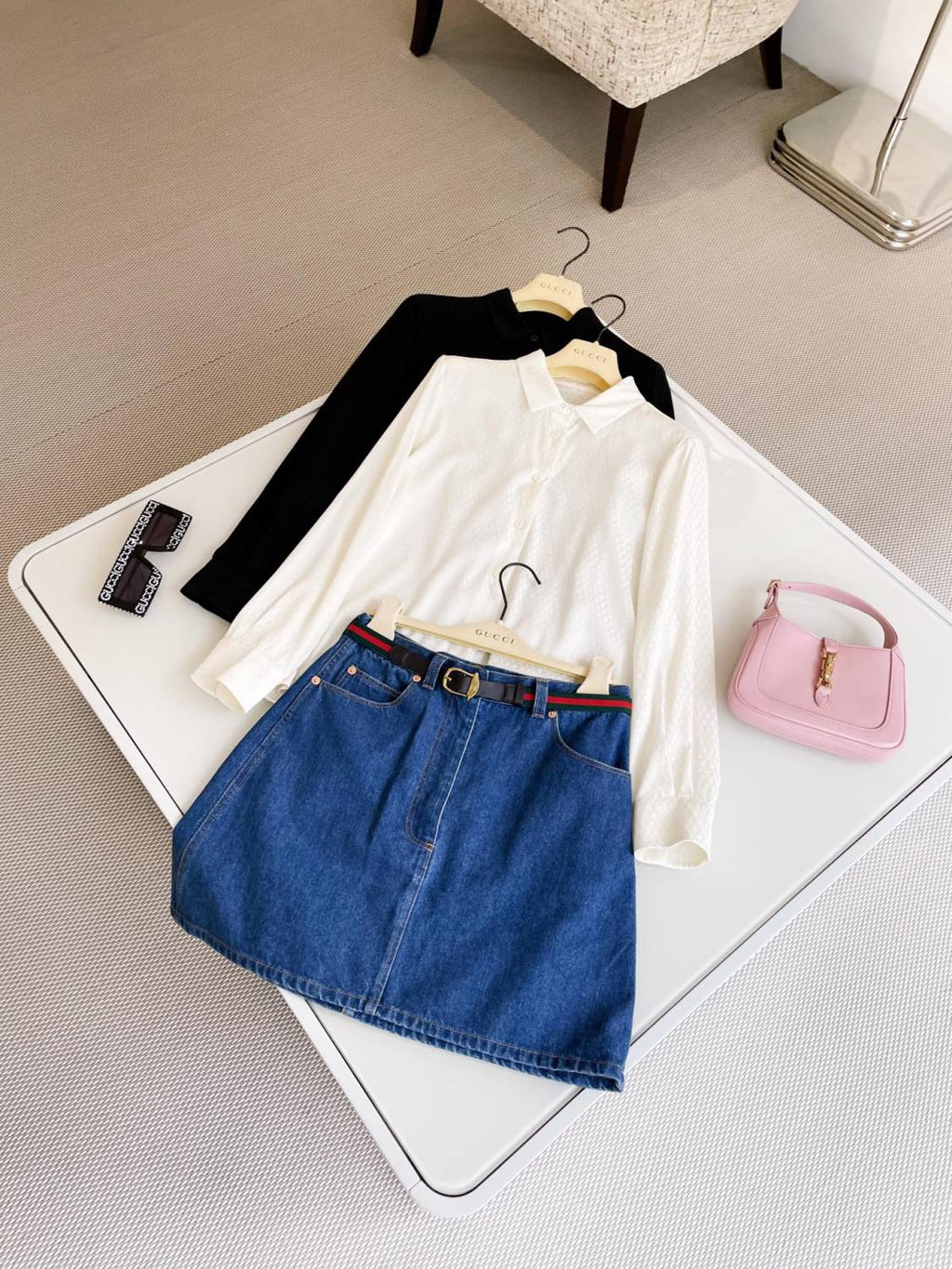 Women's Summer Solid Color Logo Jacquard Full Print Single Breasted Long Sleeve Shirt #72373