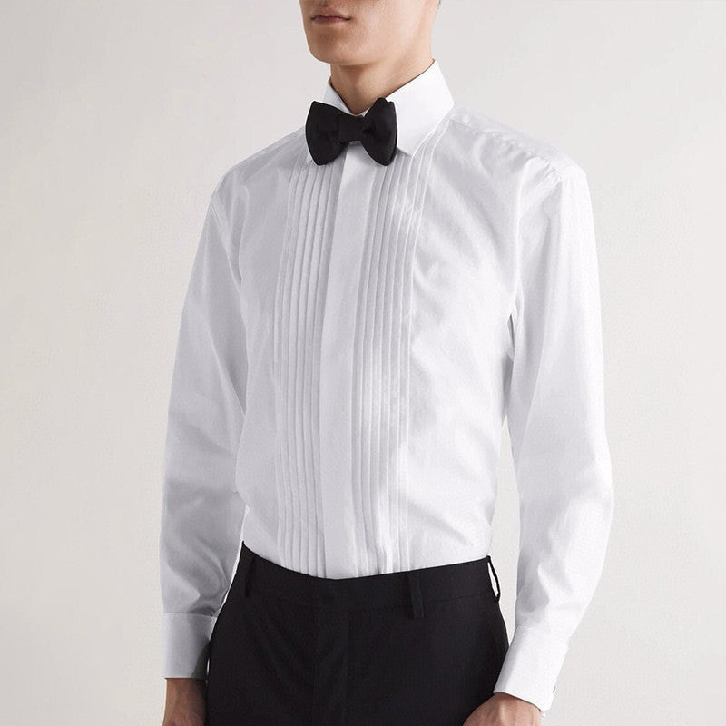 Men's All Seasons Solid Color Flip Leader Button Pleated Shirt Formal Long Sleeve Shirt Black White Ngvp #7614