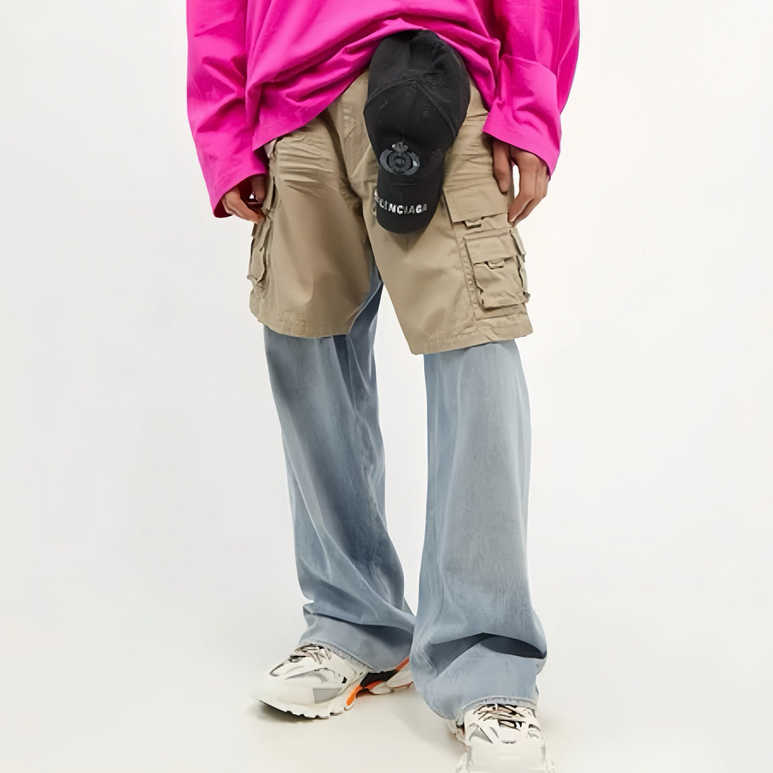 Men's Blue Spring & Fall Multi-Pocket Workwear Patchwork Fake Two Piece Straight Leg Denim Pants Ngvp #7786