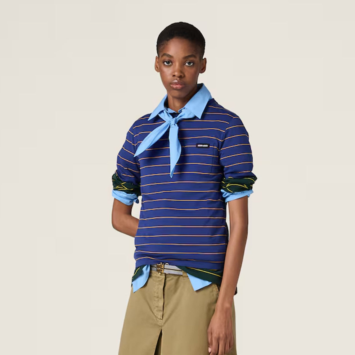 Women's Color Blocking Striped Logo Summer Round Neck Solid Color Knit Short Sleeve Jersey T-shirt #76113