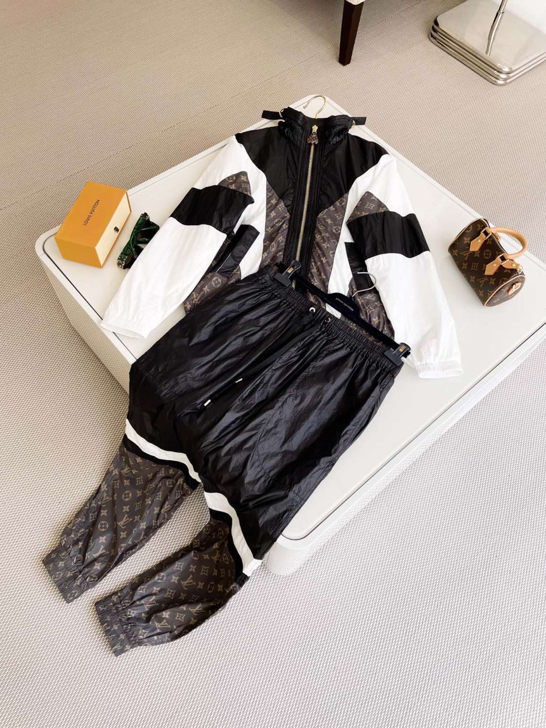 Women's Spring and Autumn Color Block Splicing Zipper Long Sleeve Jacket Lace Up Drawstring Casual Pants Set Suit #72389