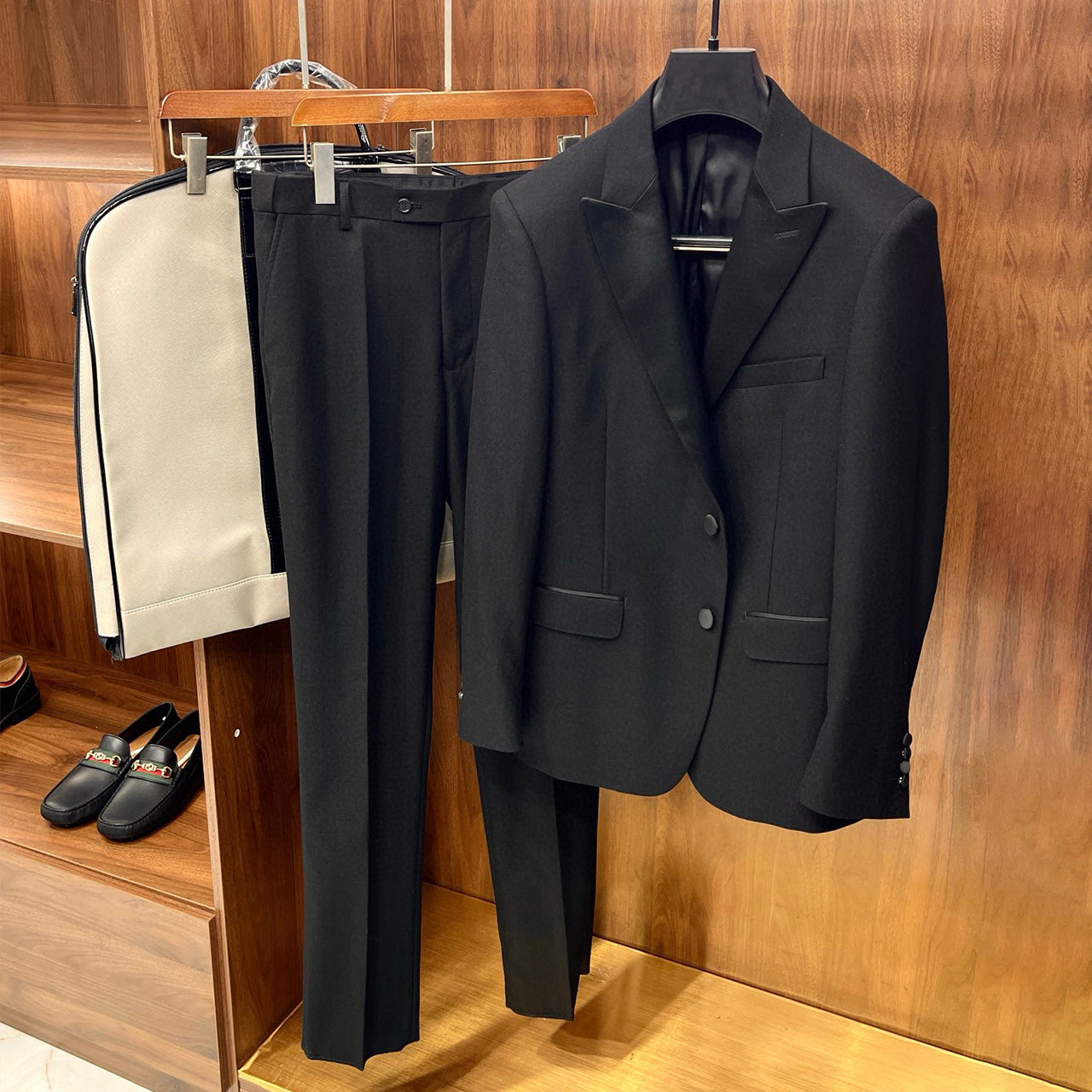 Men's Spring And Fall Black Silk Satin Wool Suit Two-piece High-end Pants High Luxury Suit Jacket Ngvp #7681
