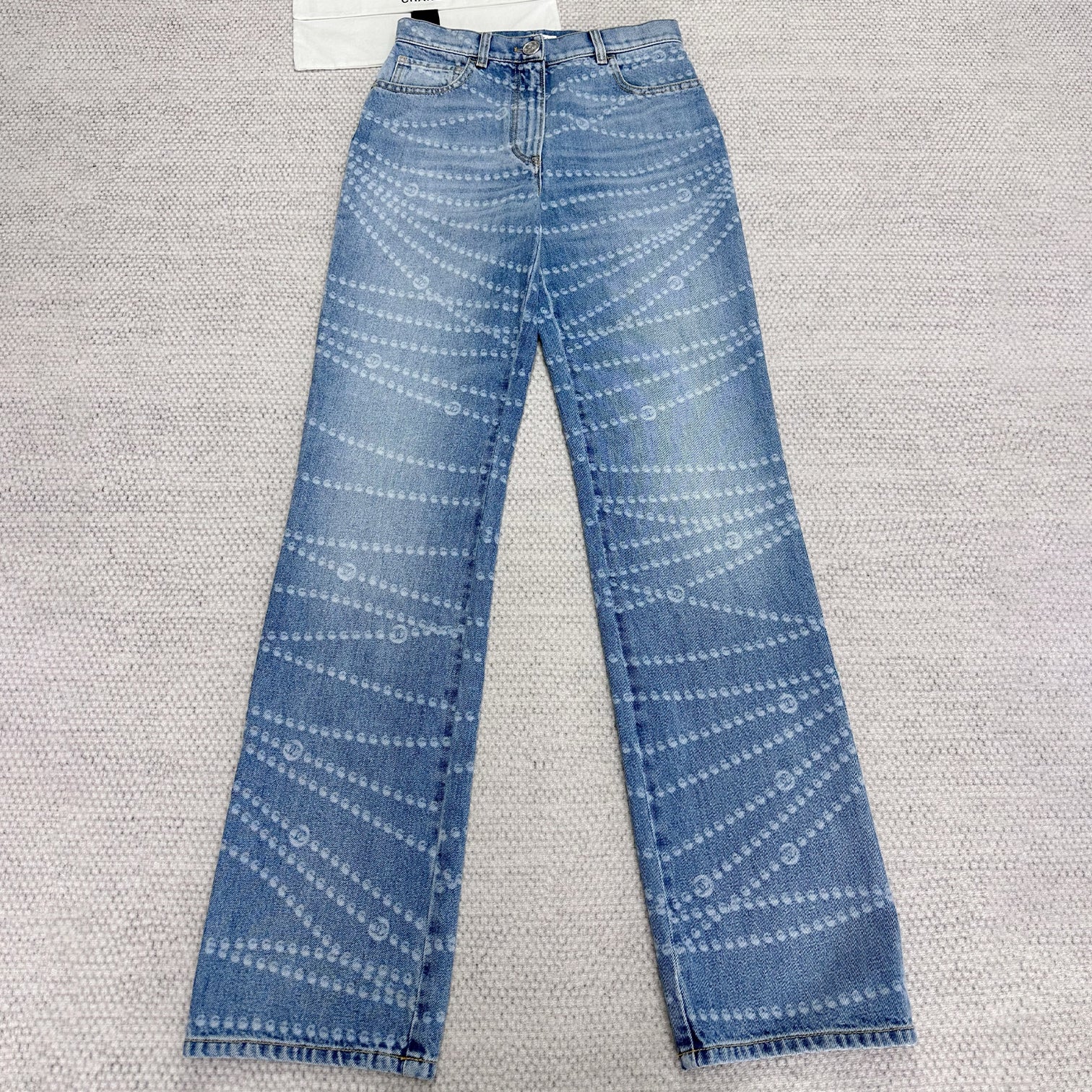 Women's Four Seasons Pearl Chain Print Cotton Casual Solid Color Straight Jeans Denim Pants #76229