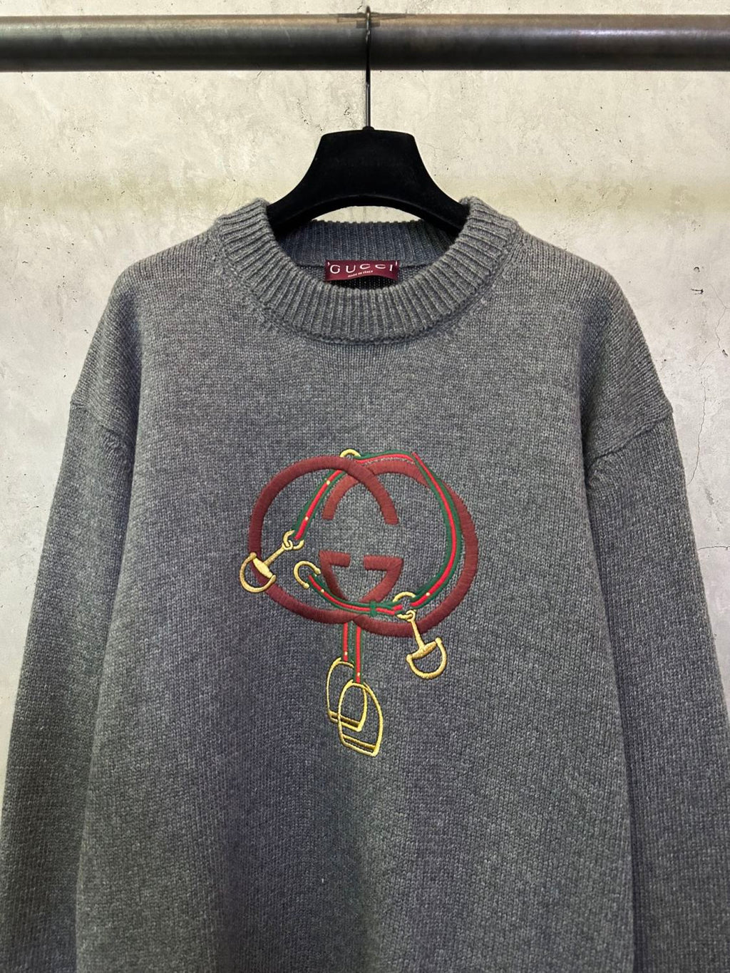 Men's Fall/Winter Chinese New Year Collection Embroidered Knit Wool Sweater Equestrian Style Fashion Trendy Pullover Gray Knit Sweater #194063