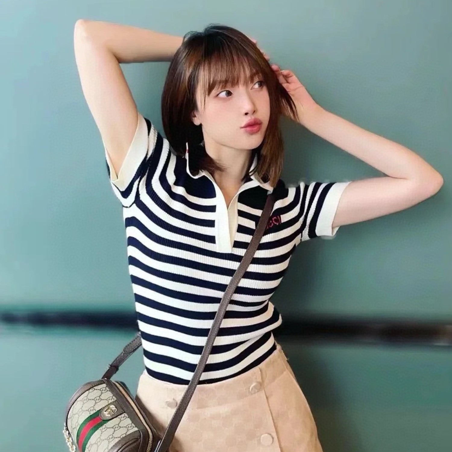 Women's Spring And Summer Striped Letter Logo Polo Knit Sweater Fashion Casual Temperament V-neck Short Sleeve T-shirt  #71379