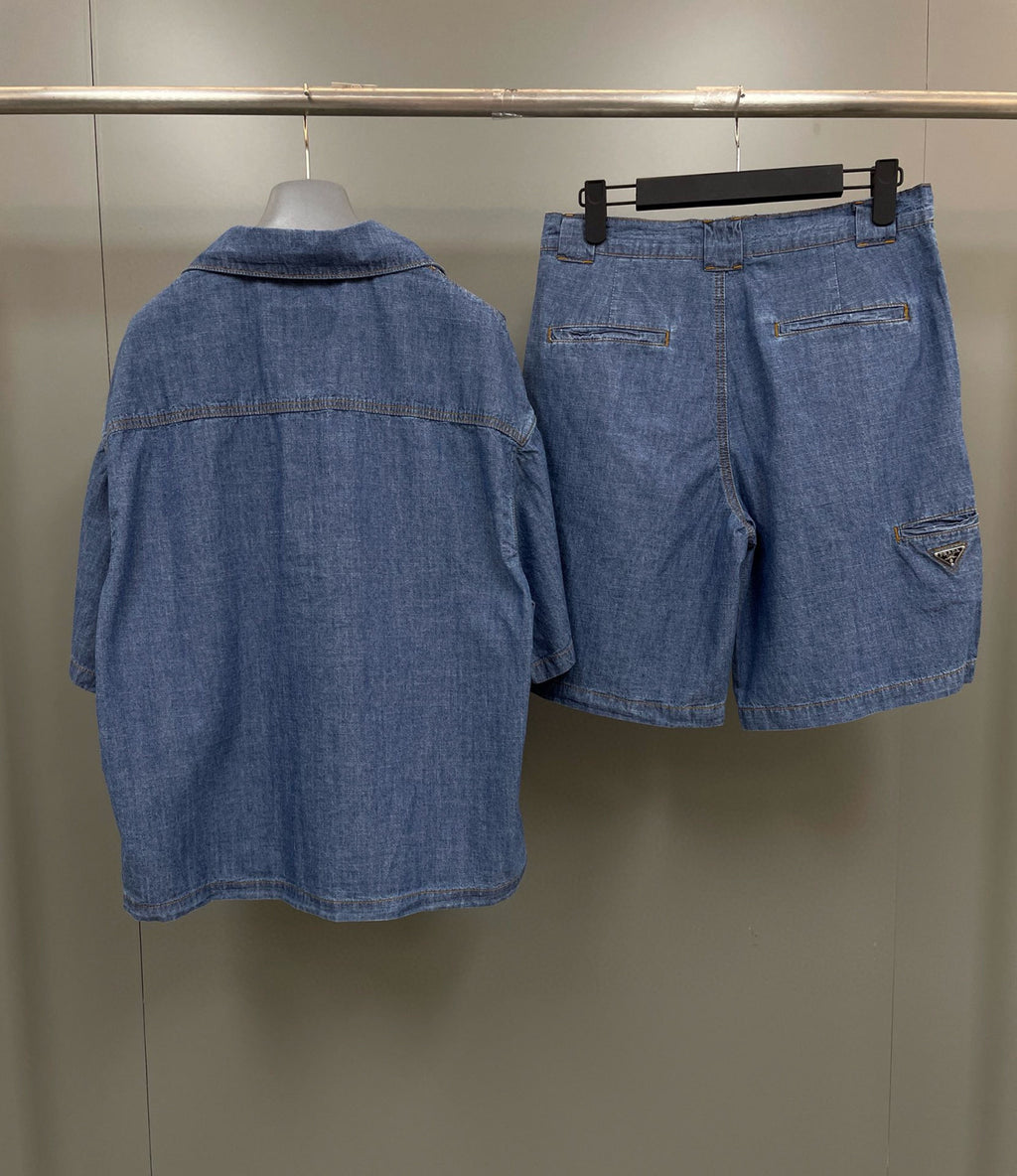 Men's Summer Blue Lapel Single Breasted Short Sleeve Denim Shirt Jacket Shorts Set Suit #98554