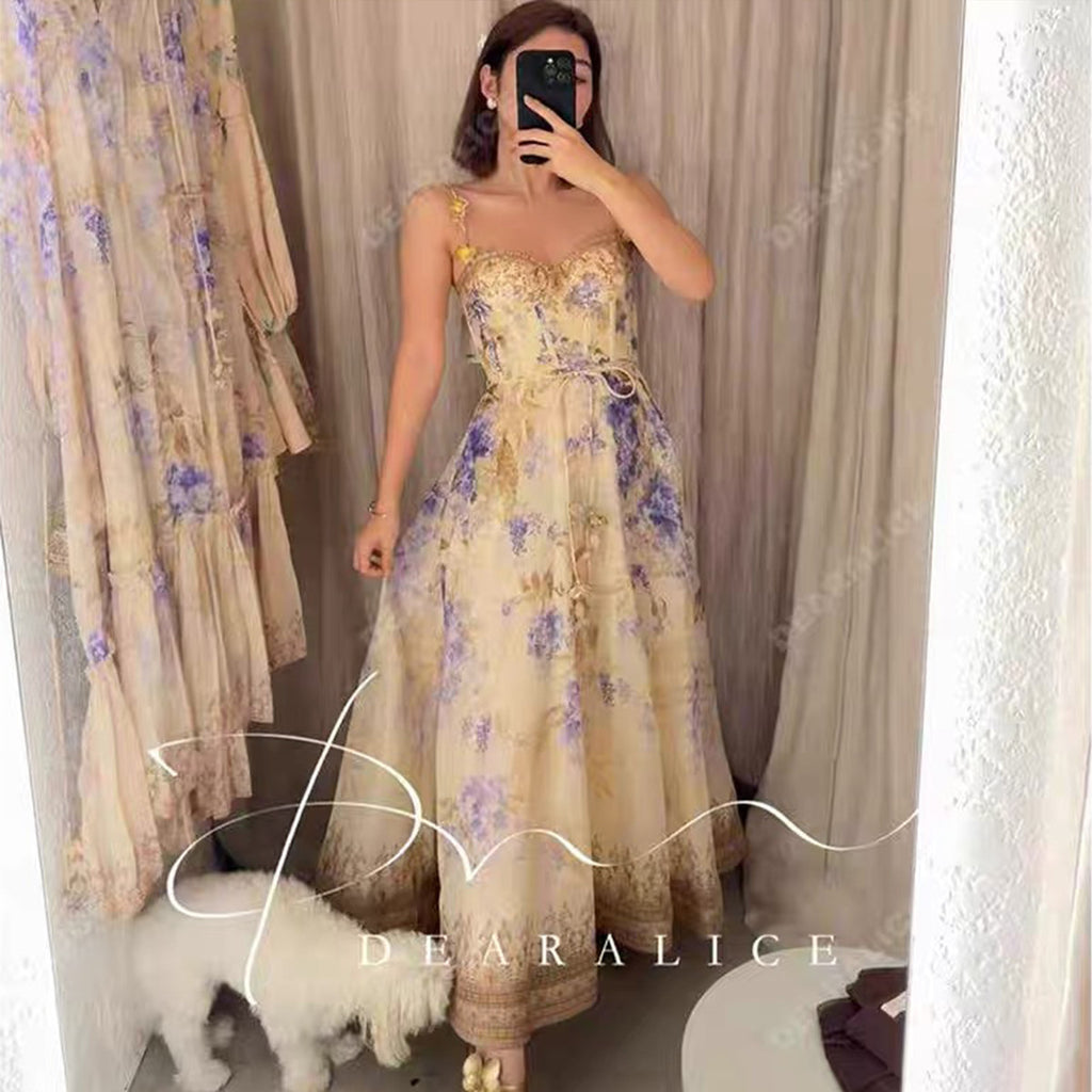 Dawning Picnic Dress Women's Spring And Summer Silk Linen Mid-length Dress Heart-shaped Neckline Spaghetti Straps Large Hem Dress Fashionable Temperament Elegant Luxury Dresses #81131