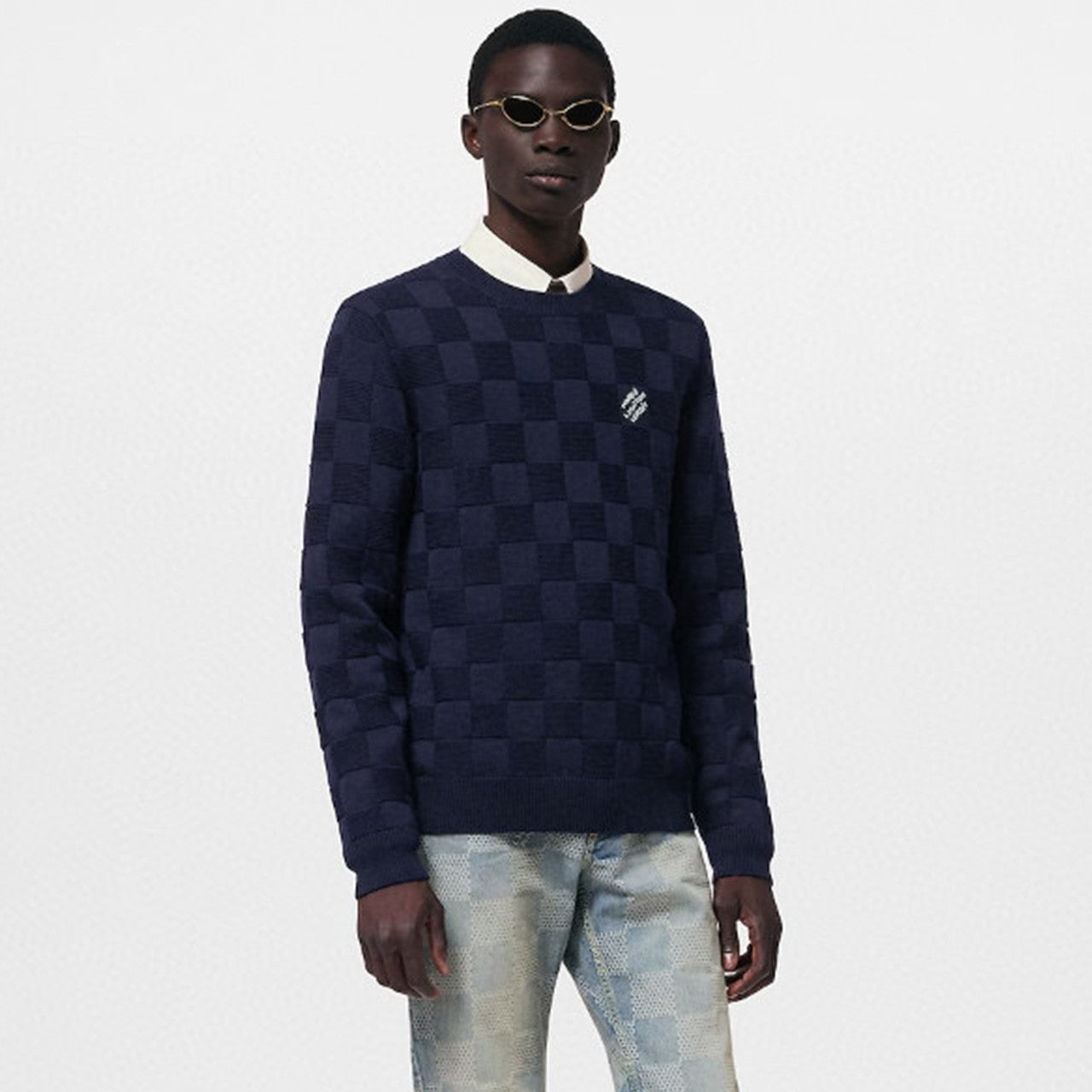 Men's Spring And Autumn Plaid Logo Beaded Pullover Knitted Wool Round Neck Pullover Sweater #98268