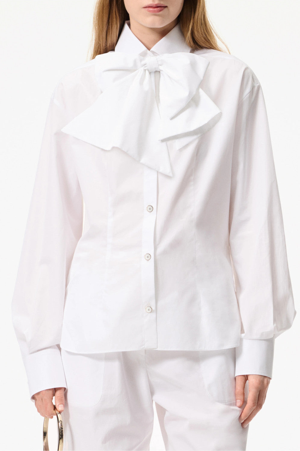 Women's Spring/Summer White Bow Cotton Collar Shirt Understated Luxury. Elegant and Refined Button-Up Long Sleeve Shirt  #194474