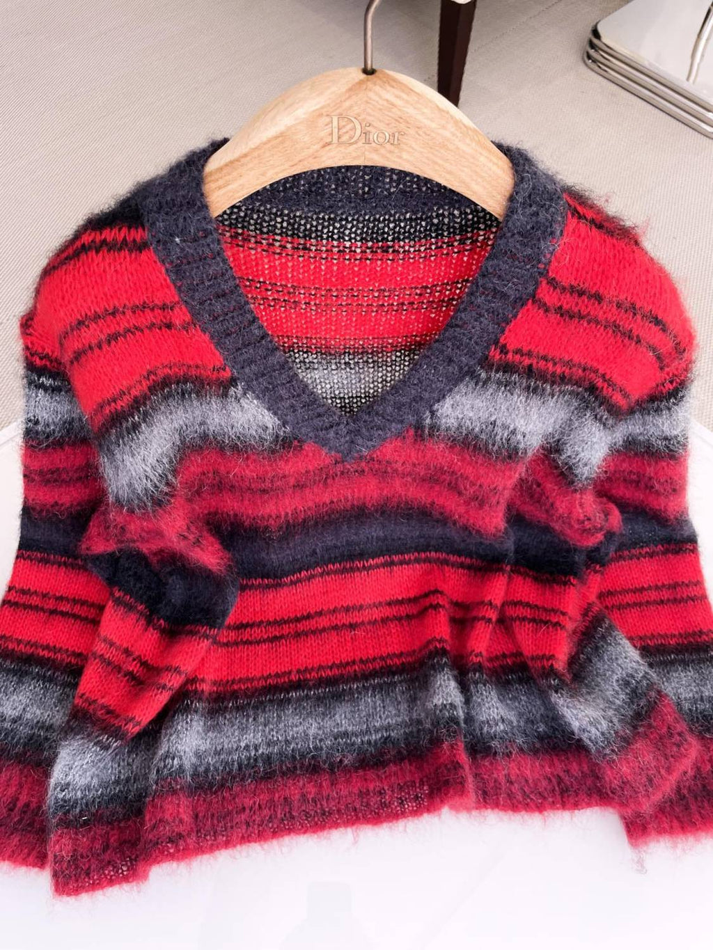 Women's Spring and Autumn Black and Red Color Block Mohair Striped Sweater #74583