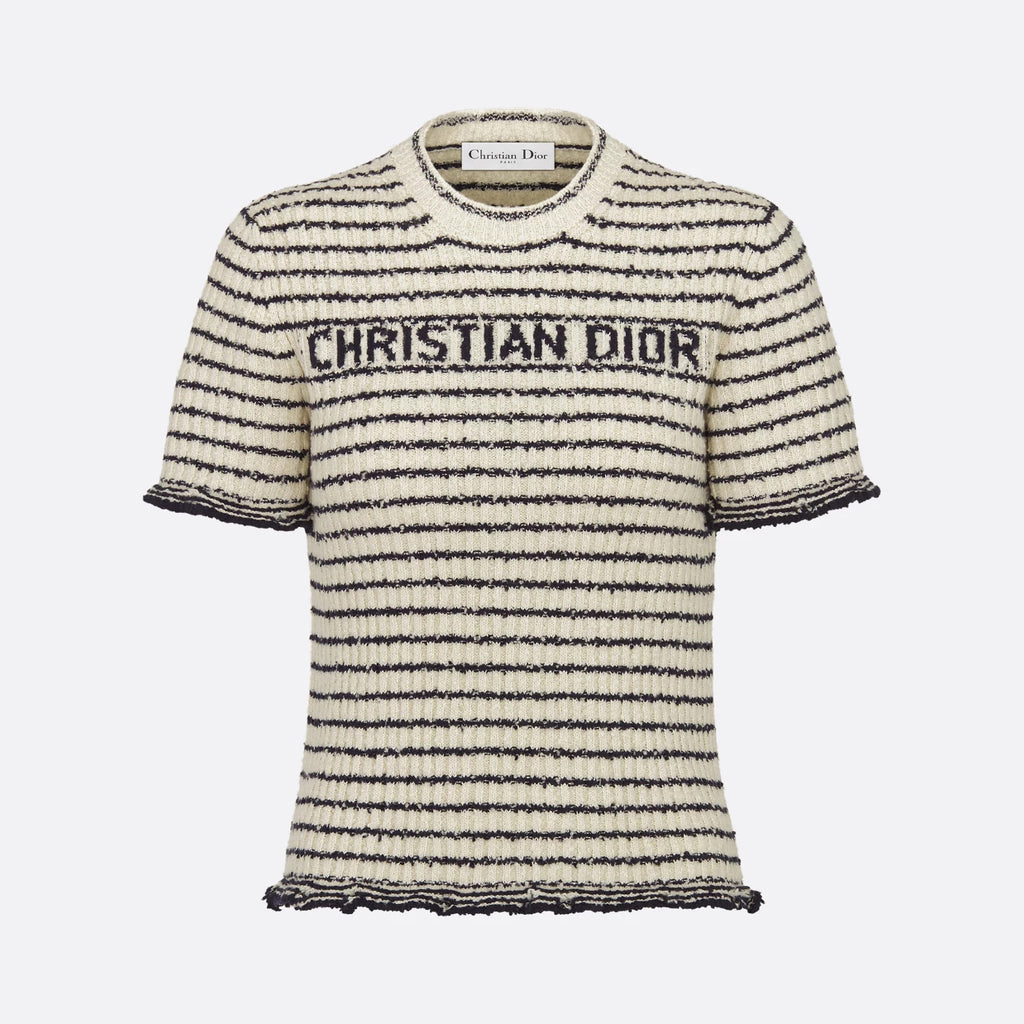 Women's Summer Logo Letter Printed Striped Round Neck Knit Short Sleeve T-Shirt #74843