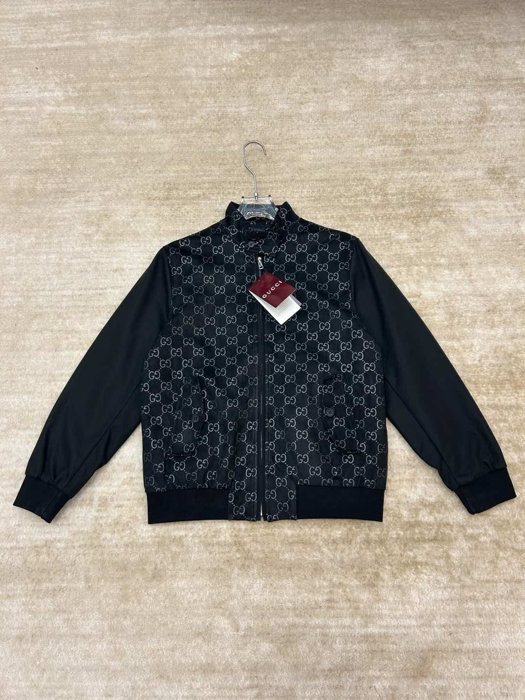 Men's GG Embossed Suede Pilot Jacket Black Fashionable Stand Collar Zipper Jacket #194012