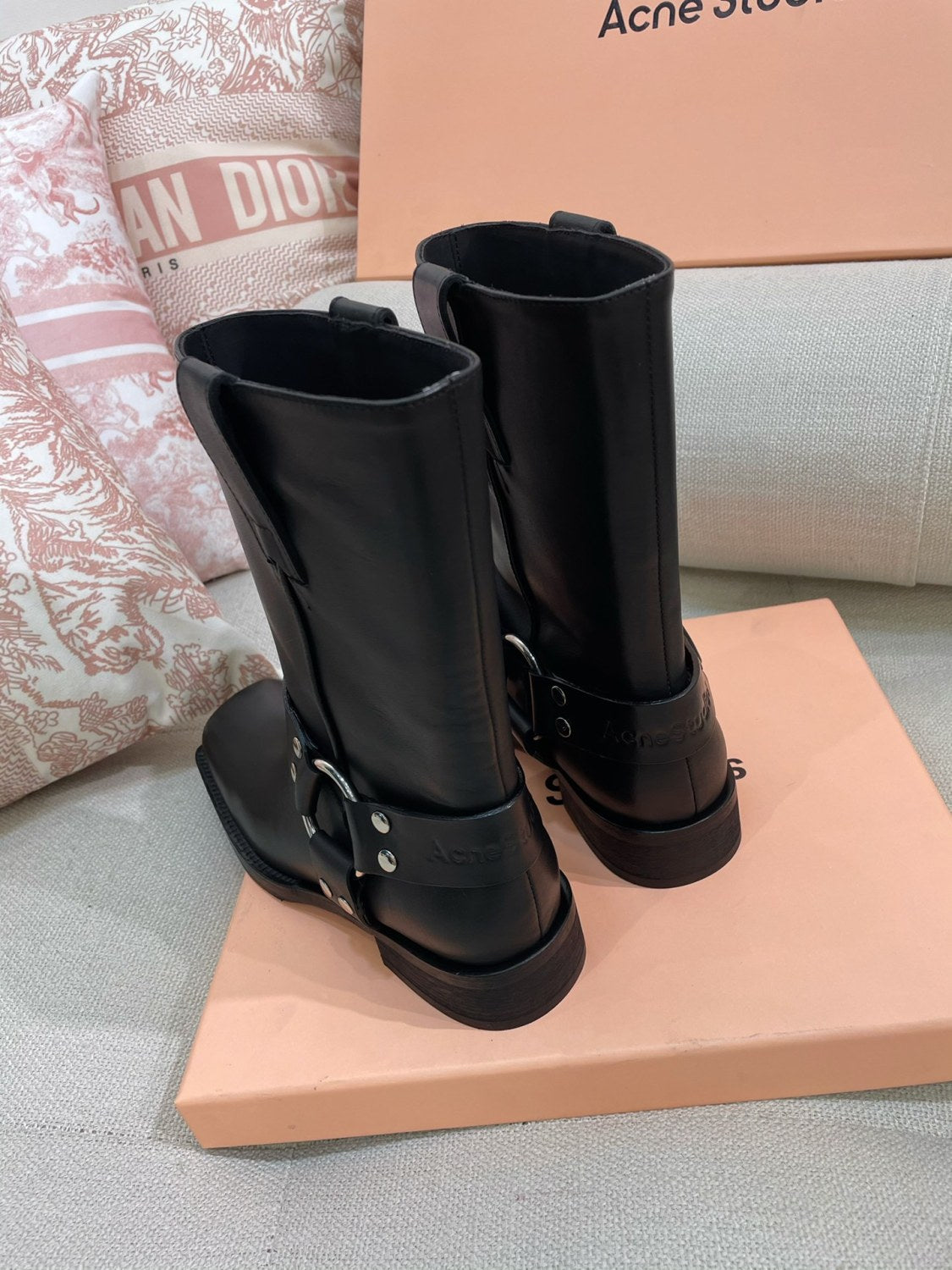 Acne Studios Women's Fashion Overlay Leather Buckle Boots Solid Color Casual Round Toe Boots Ngvp #9275