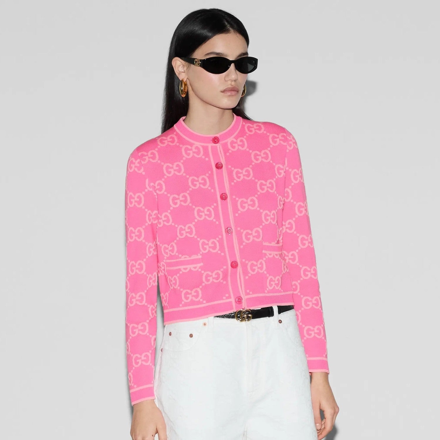 Women's Spring and Autumn Pink Logo Pattern Round Collar Single Breasted Long Sleeve Knit Jacket Cardigan #72334