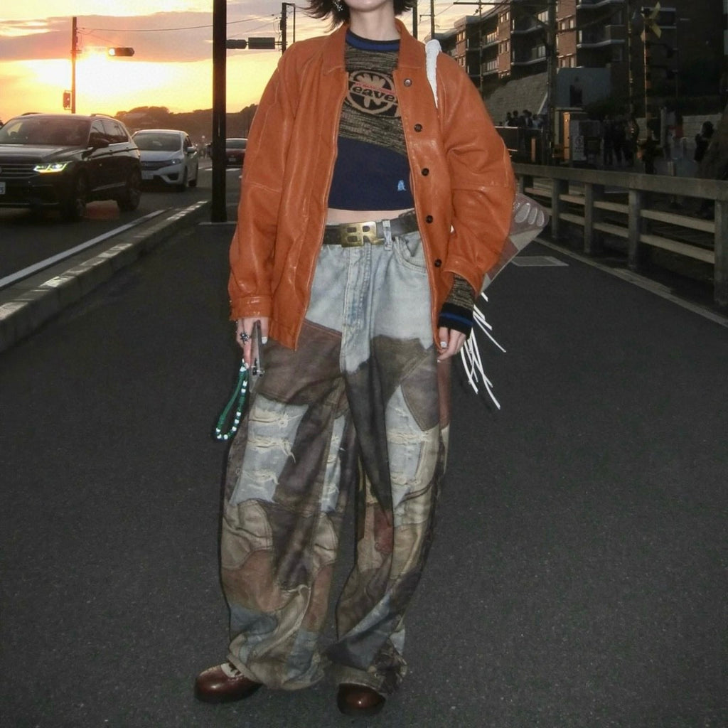 Men's Four Seasons Vintage Mud Dye Spliced Printed Loose Cotton Mid Waist Wide Leg Denim Pants Ngvp #8369