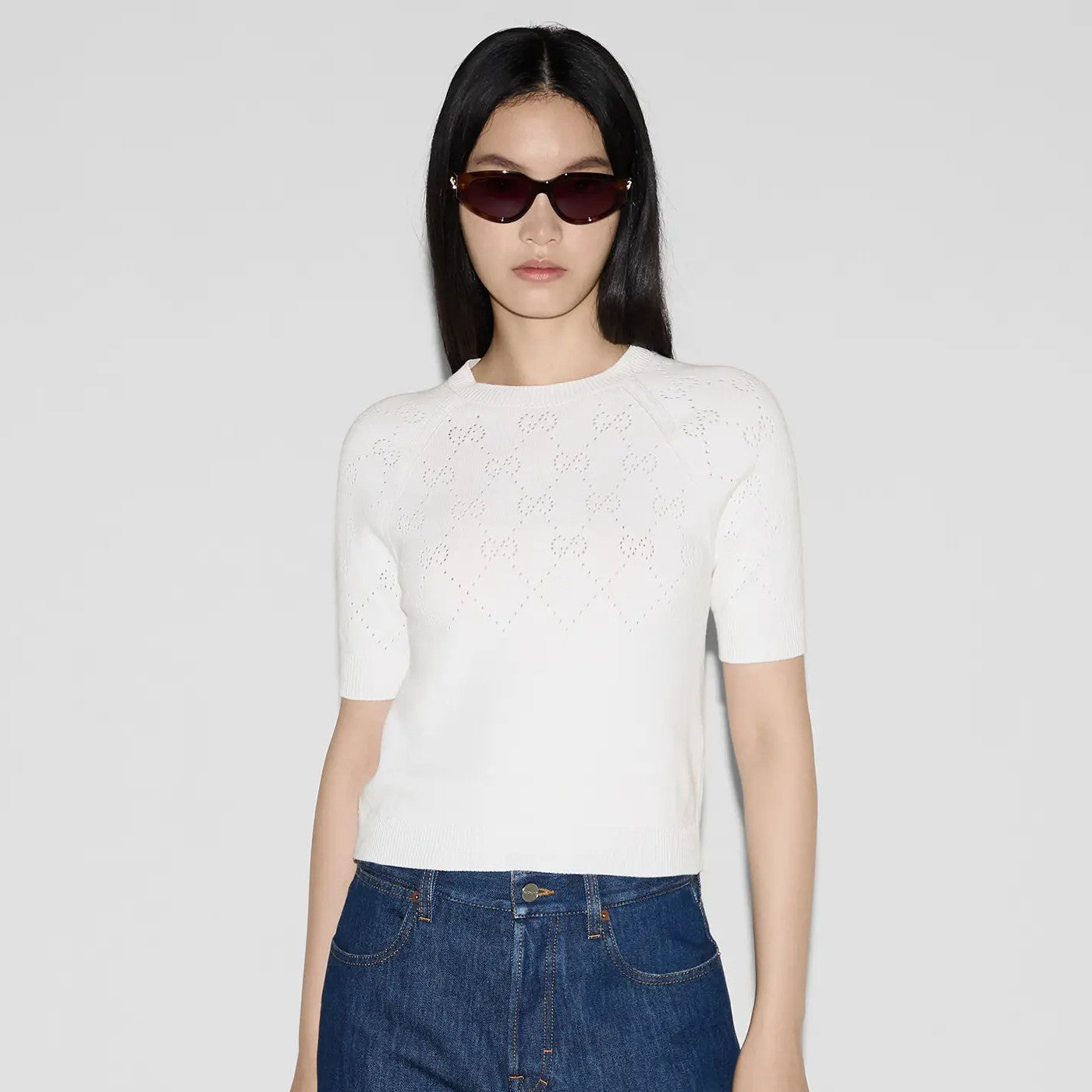 Women's Summer Solid Color Jacquard Round Neck Short Sleeve Knitted Sweater T-shirt #77163