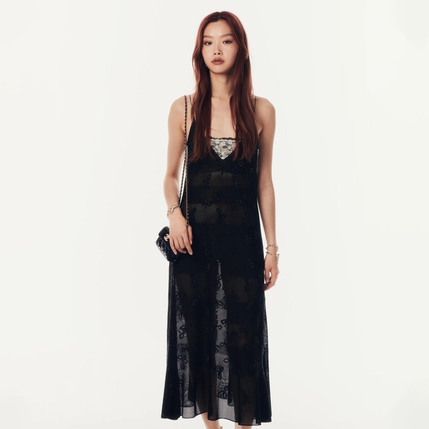 Women's Summer High Street Solid Color Lace Bow Jacquard Embroidery Sexy V-Neck Semi-Sheer Long Fitted Halter Dresses Ngvp #8744