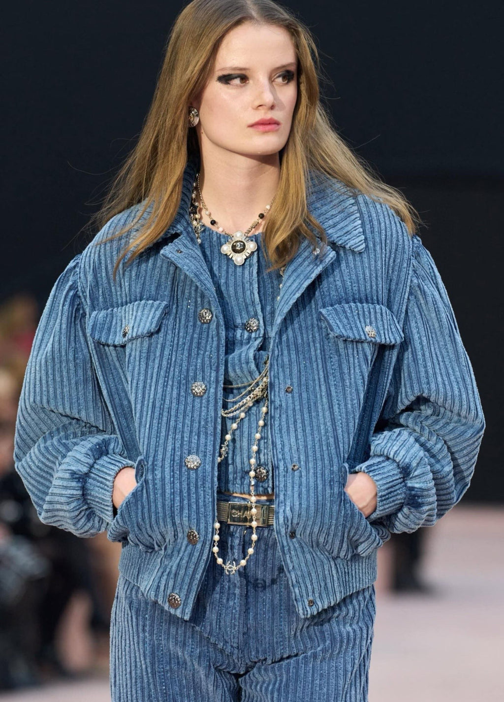 Women's 25K Blue Corduroy Collared Jacket Coat #193903