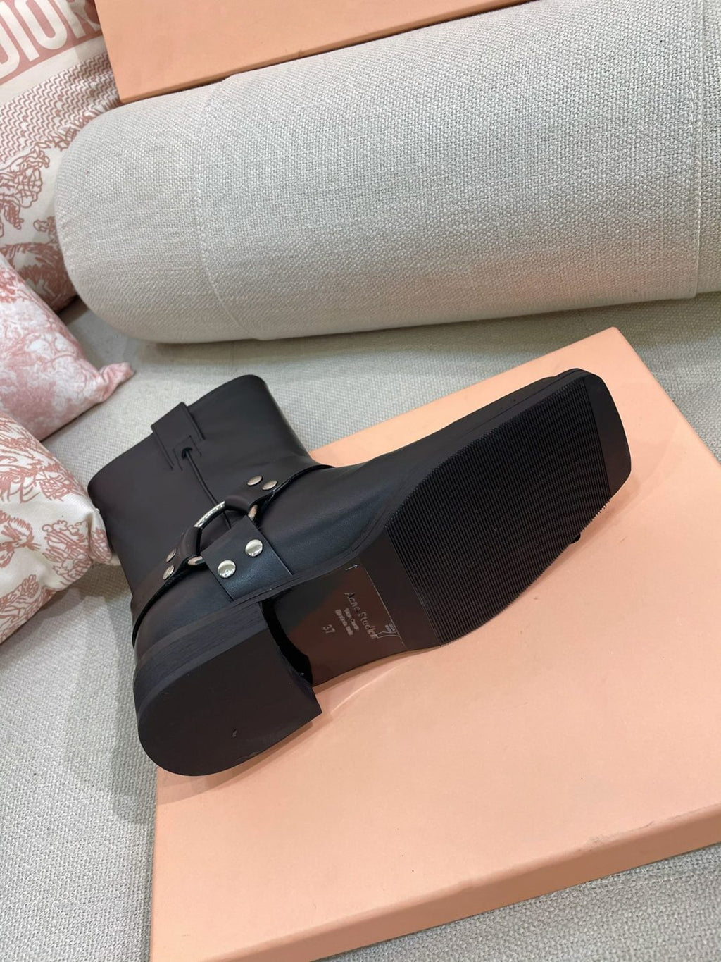 Acne Studios Women's Fashion Overlay Leather Buckle Boots Solid Color Casual Round Toe Boots Ngvp #9275