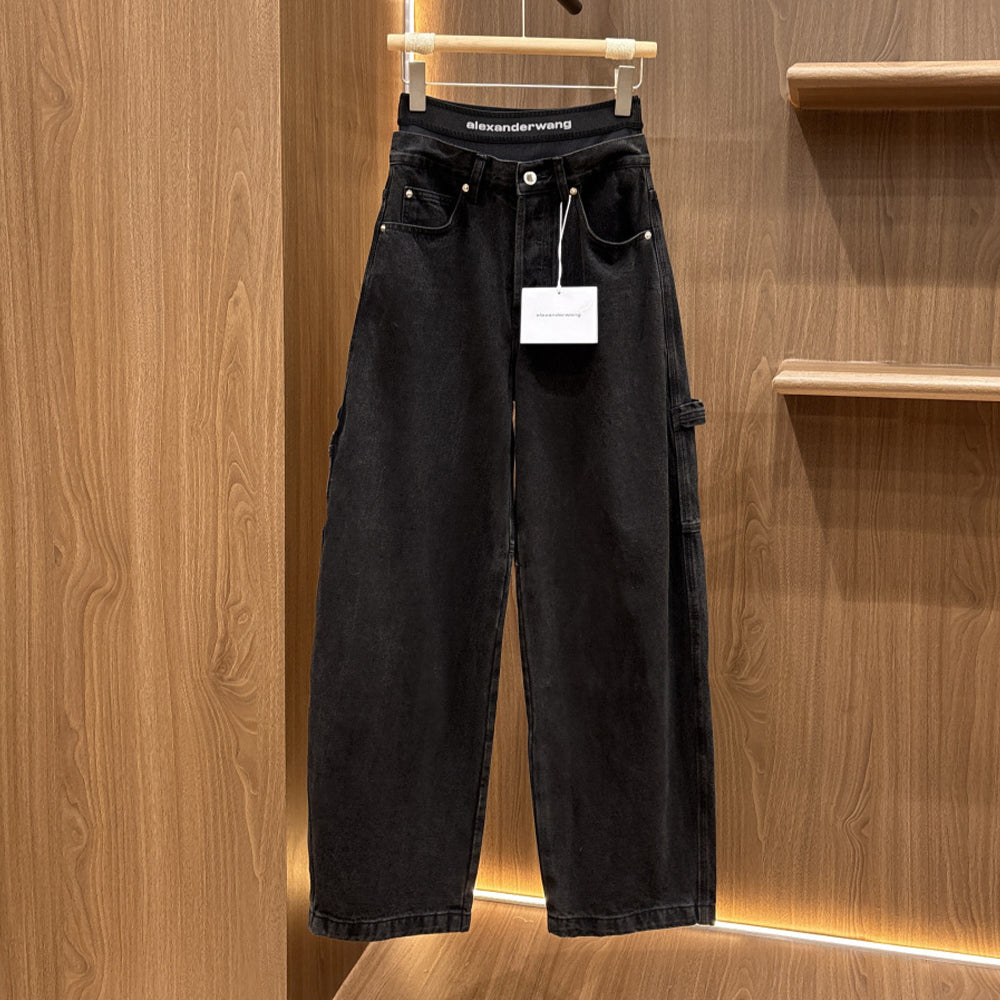 Women's Faux two-piece design Double-layered waistband Curved cut details Workwear-style denim pants #82533A