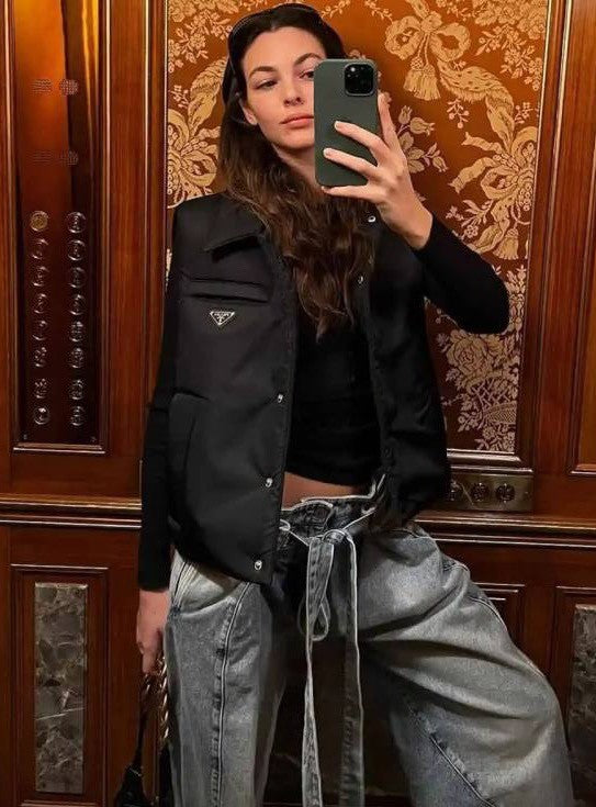 Women's Spring and Autumn Black Logo Label Sleeveless Nylon Single Breasted Vest Jacket #72332