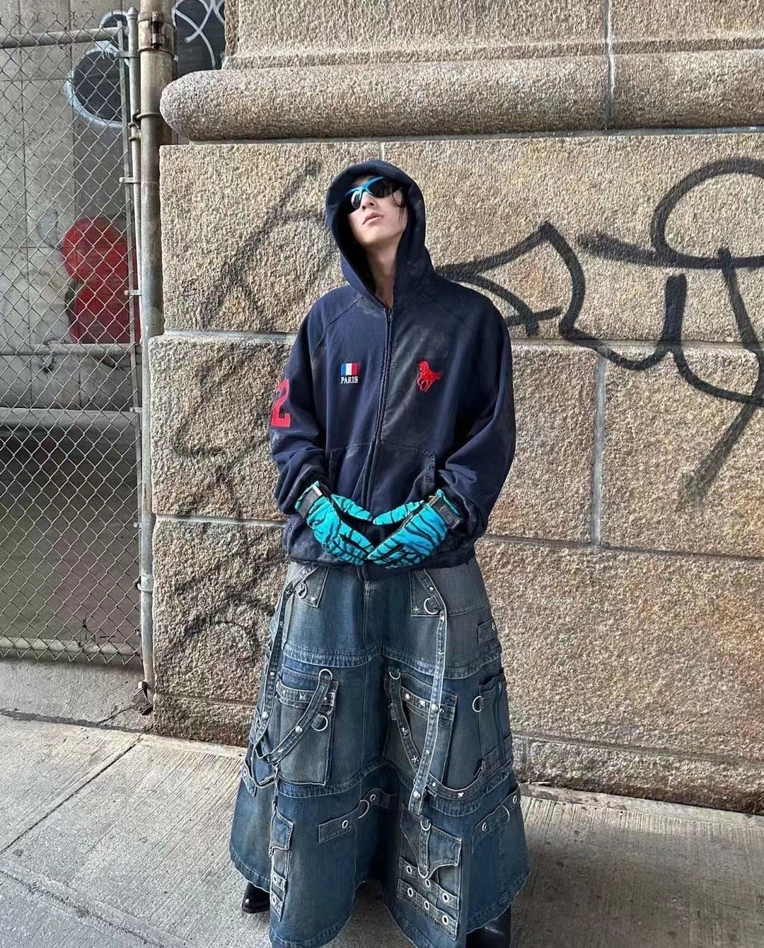 Men's Skirt Vintage Rivets Straps Detachable Denim Skirt High Street Ragged Trend Punk Style Jeans Pants #71841