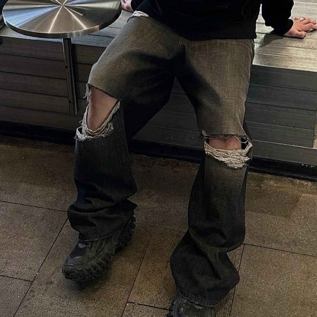 Men's Four Seasons Black Cotton Mid Waist Loose Ripped Denim Pants Ngvp #8181