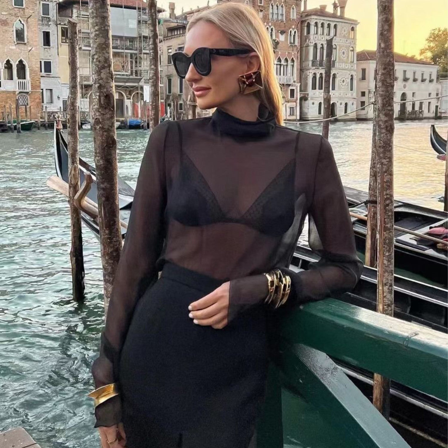 Women's Spring And Summer Tulle Bottoming Top High Collar Temperament Lightweight Long-sleeved Comfortable Shirt #73382