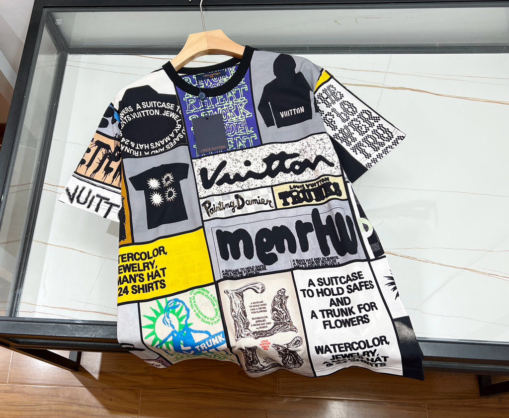 Men's Summer Multicolour Splicing Pattern Printed Cotton Round Neck Short Sleeve T-Shirt #97867