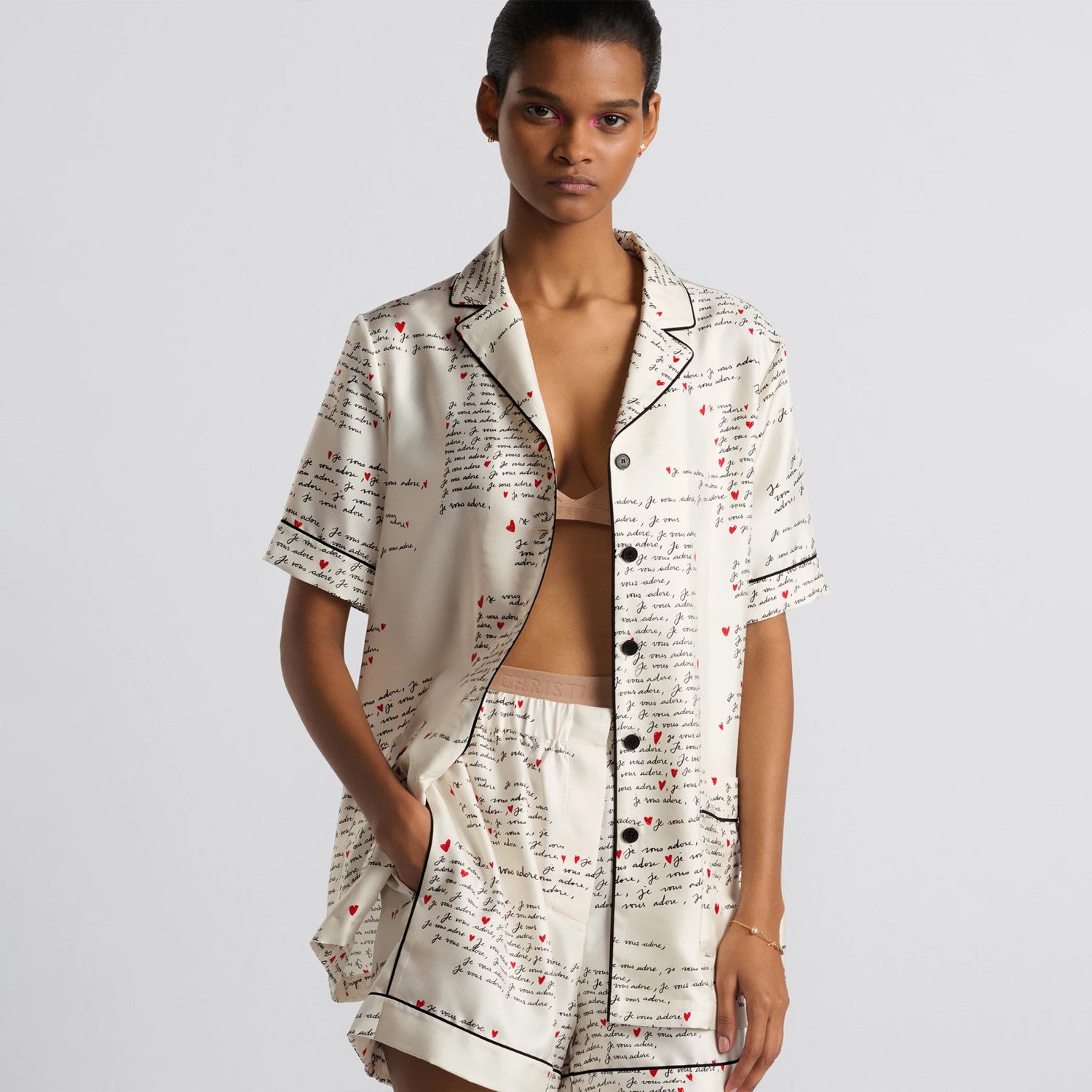 Women's Letter Printed Lapel Summer Silk Dioramour Short Sleeve Shirt Casual Elastic Waist Loose Shorts Ngvp #9168