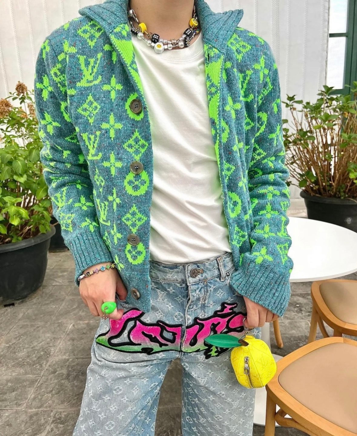 Men's Fall/Winter Green Monogrammed Pattern Knit Single Breasted Sweater Jacket #72785