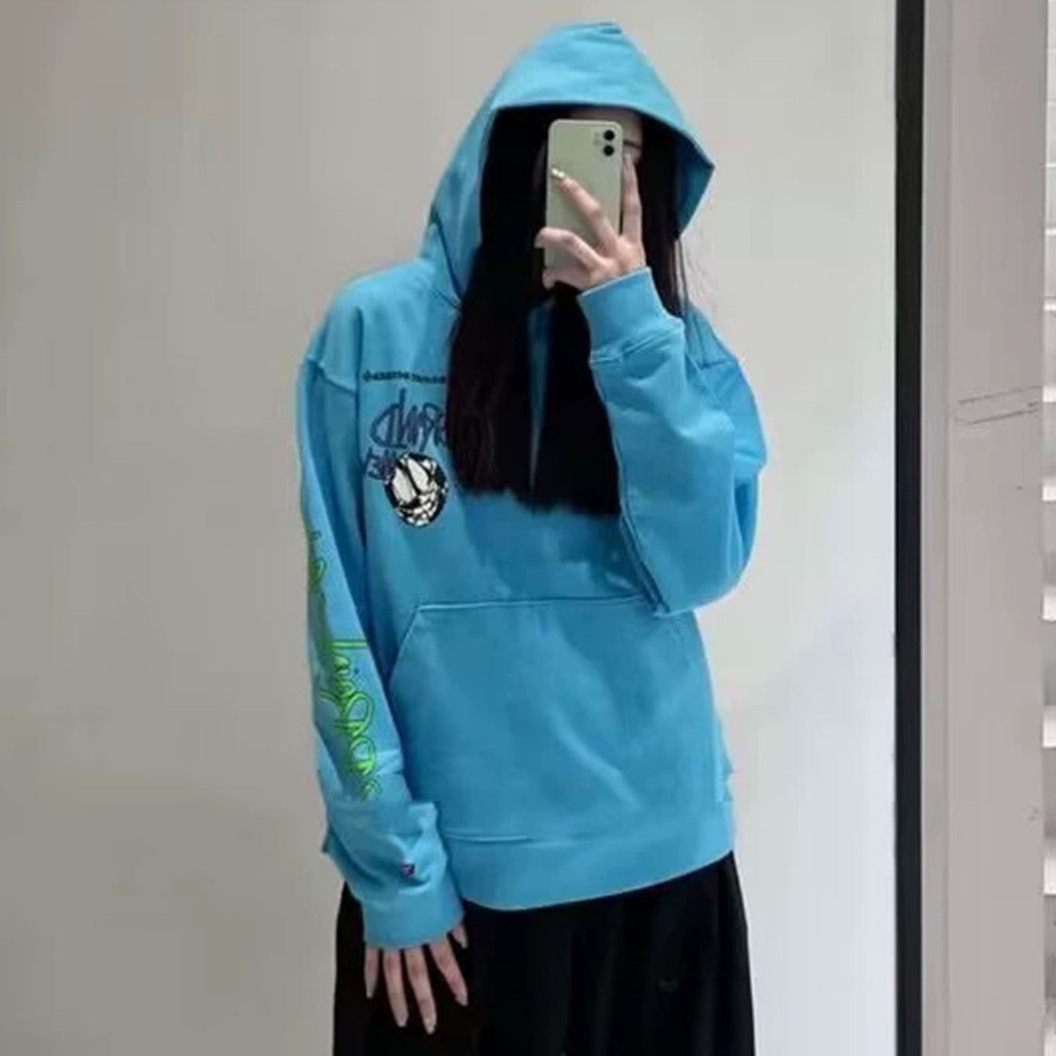 Men's Women's Spring And Summer Fashion Letter Graffiti Blue Casual Loose Hooded Sweatshirt #98725