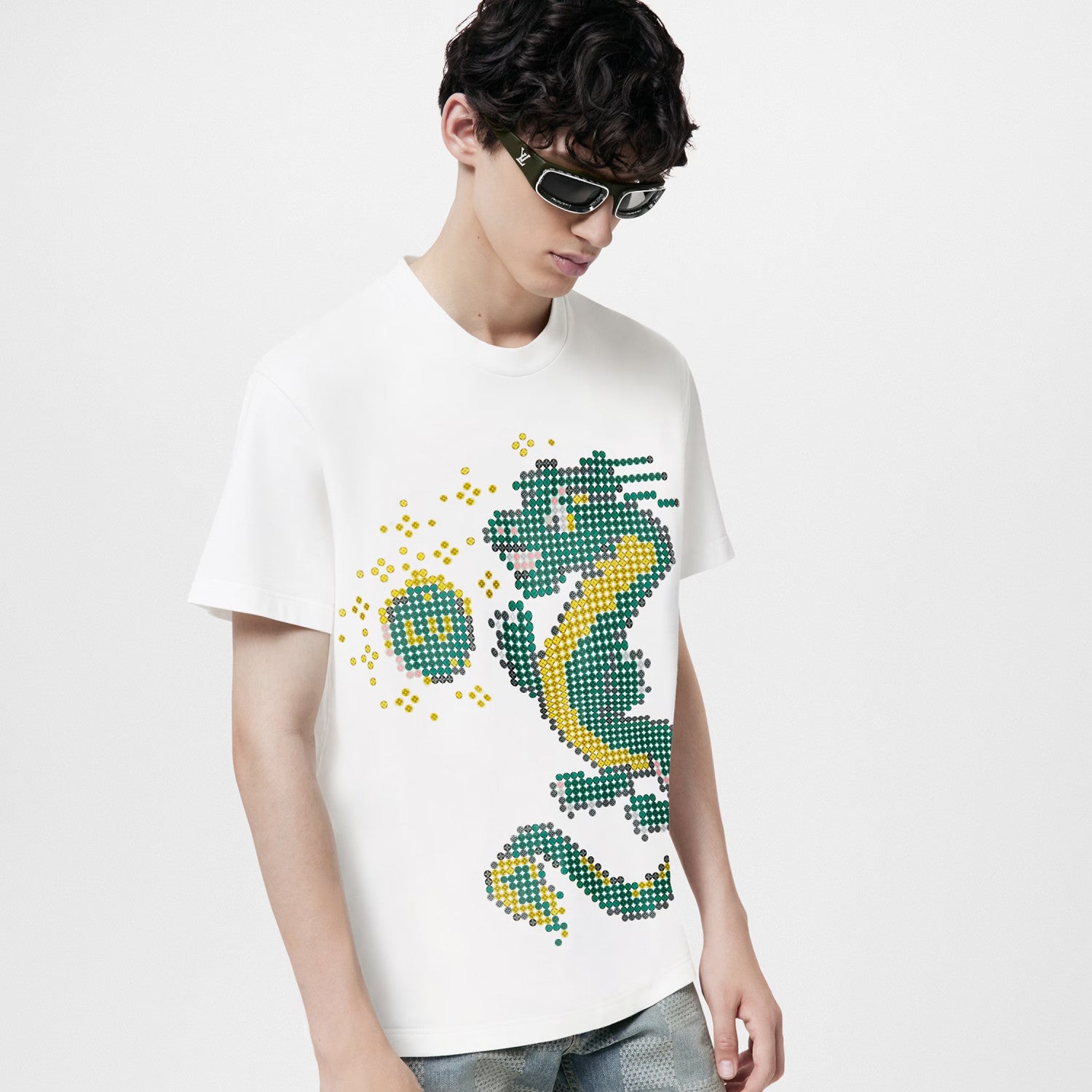 Men's Summer Year of the Dragon Printed Round Neck Cotton White Short Sleeve T-Shirt #97991