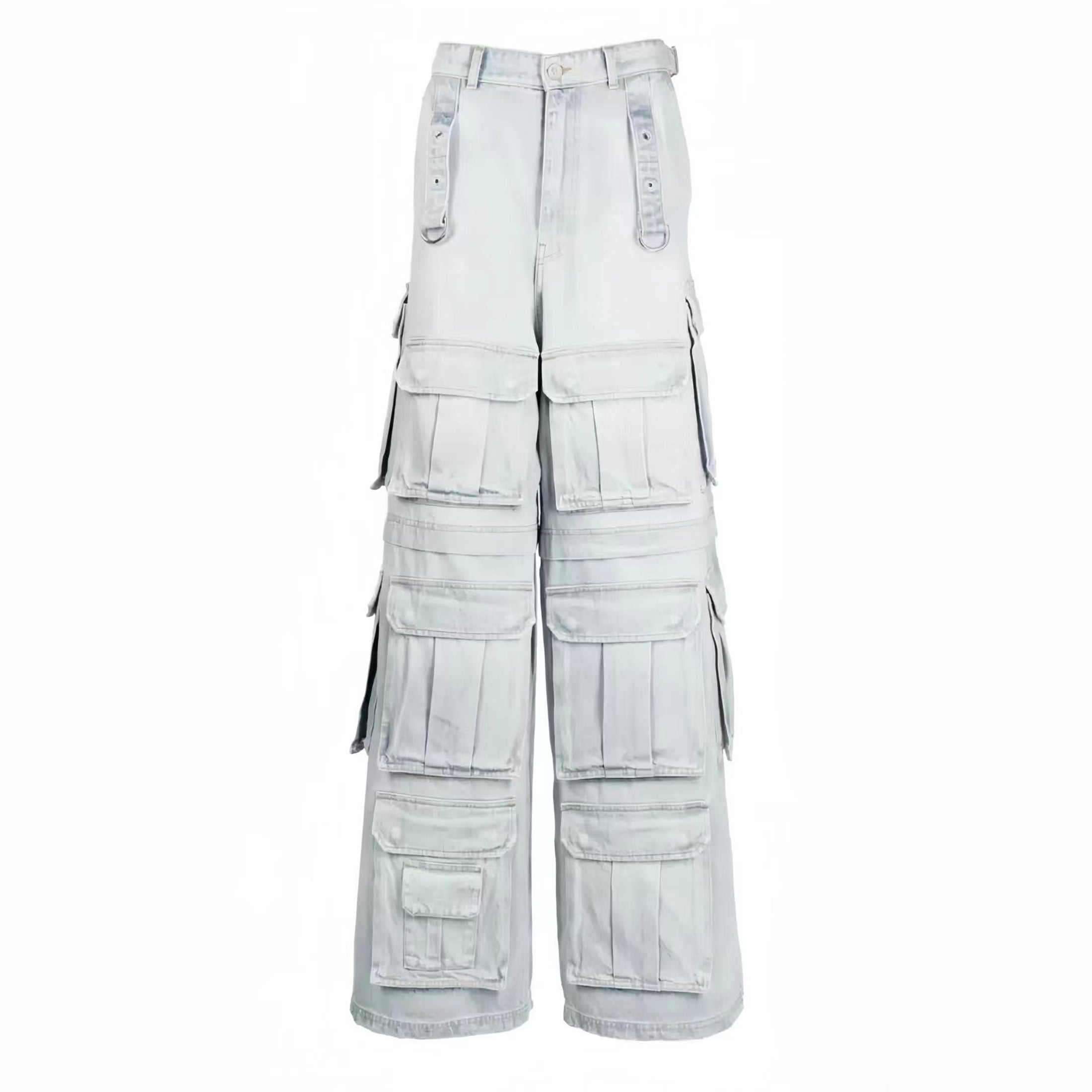 Vetements Men's Women's Cotton Washed Denim Trousers Zipper Multi-pocket Fitted Wide Leg Work Pants Ngvp #8232