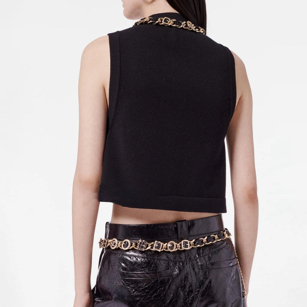 Women's Fall And Winter Fashion Antique Chain Single-Breasted Black And Gold Cashmere Knitted Tank Top Fitted Vest Ngvp #9316