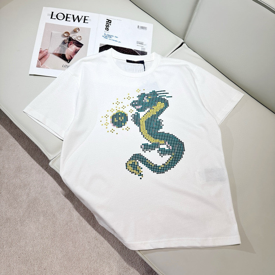 Men's Summer Year of the Dragon Printed Round Neck Cotton White Short Sleeve T-Shirt #97991