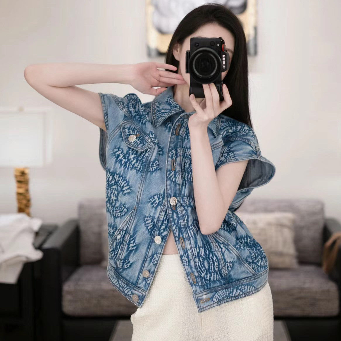 Women's Spring and Autumn Blue Tie-Dye Washed Denim Vest Jacket #72677