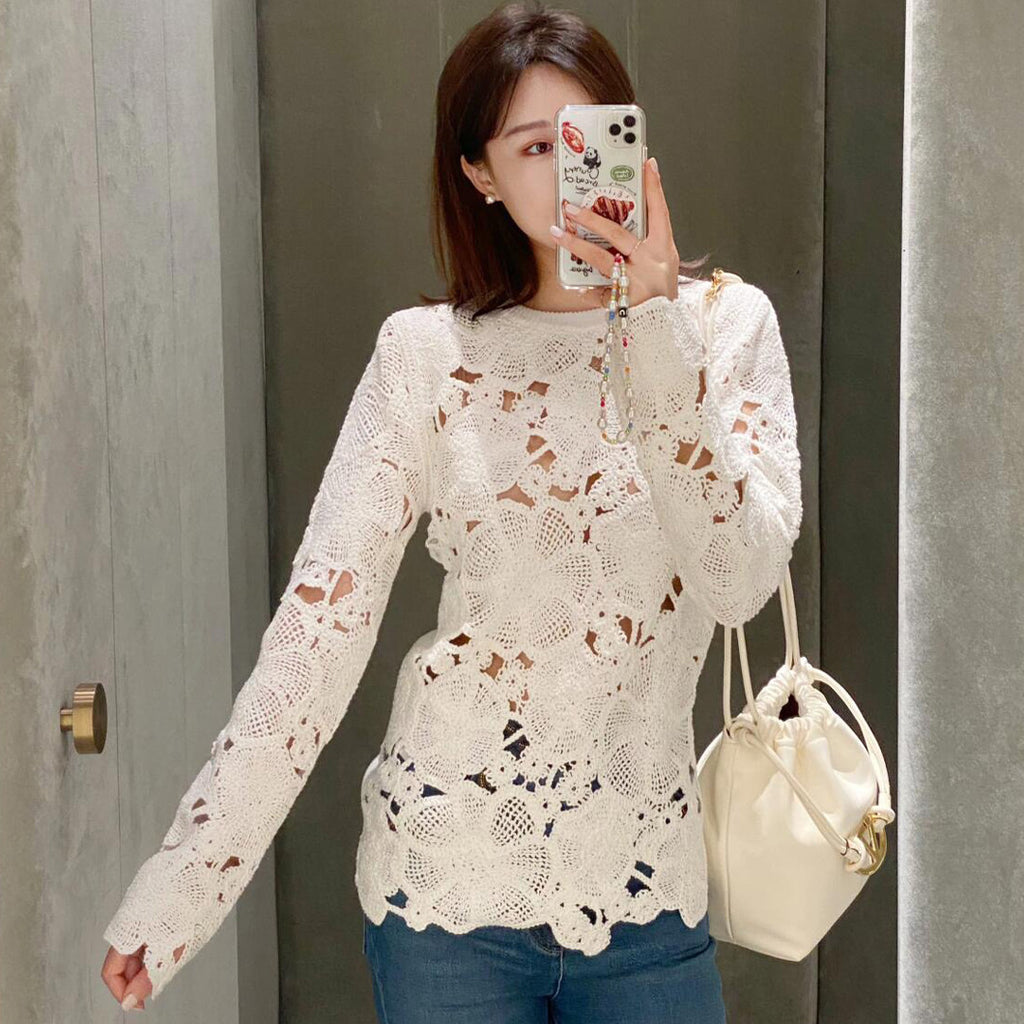 Women's Spring And Winter Knitted Embroidery Hollow Round Neck Cotton Solid Color Long Sleeve Sweater Ngvp #9416
