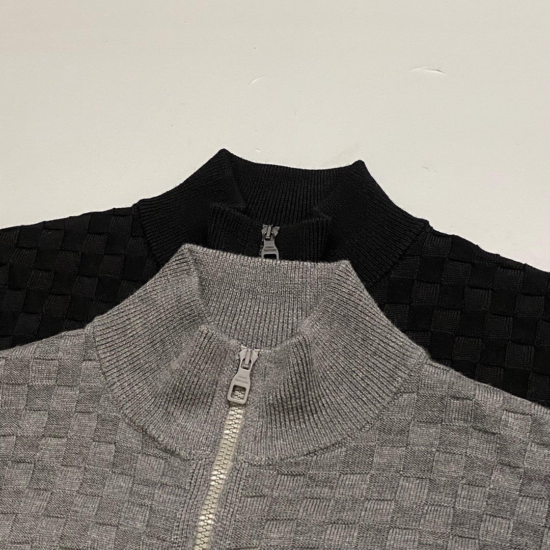 Men's Autumn And Winter Solid Color DAMIER Plaid Knit Zipper Standing Collar Wool Cardigan Long Sleeve Jacket Ngvp #9382