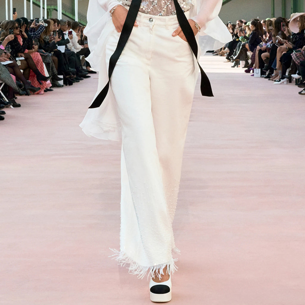 Women's Spring/summer Sequined Fringe Straight-leg Pants Black And White Denim Loose-fit Wide-leg  Long Pants Trousers Ngvp #2169