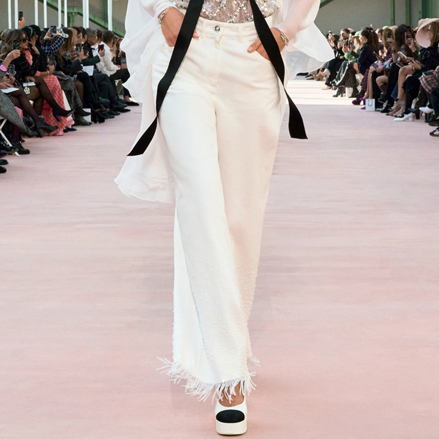 Women's Spring/summer Sequined Fringe Straight-leg Pants Black And White Denim Loose-fit Wide-leg  Long Pants Trousers Ngvp #2169