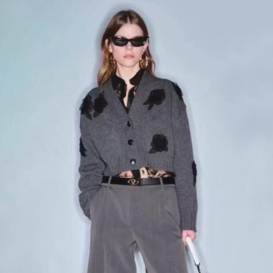 Women's Spring And Autumn Rose Embroidery Single Breasted V-Neck Gray Long Sleeve Cardigan Wool Sweater Ngvp #9476